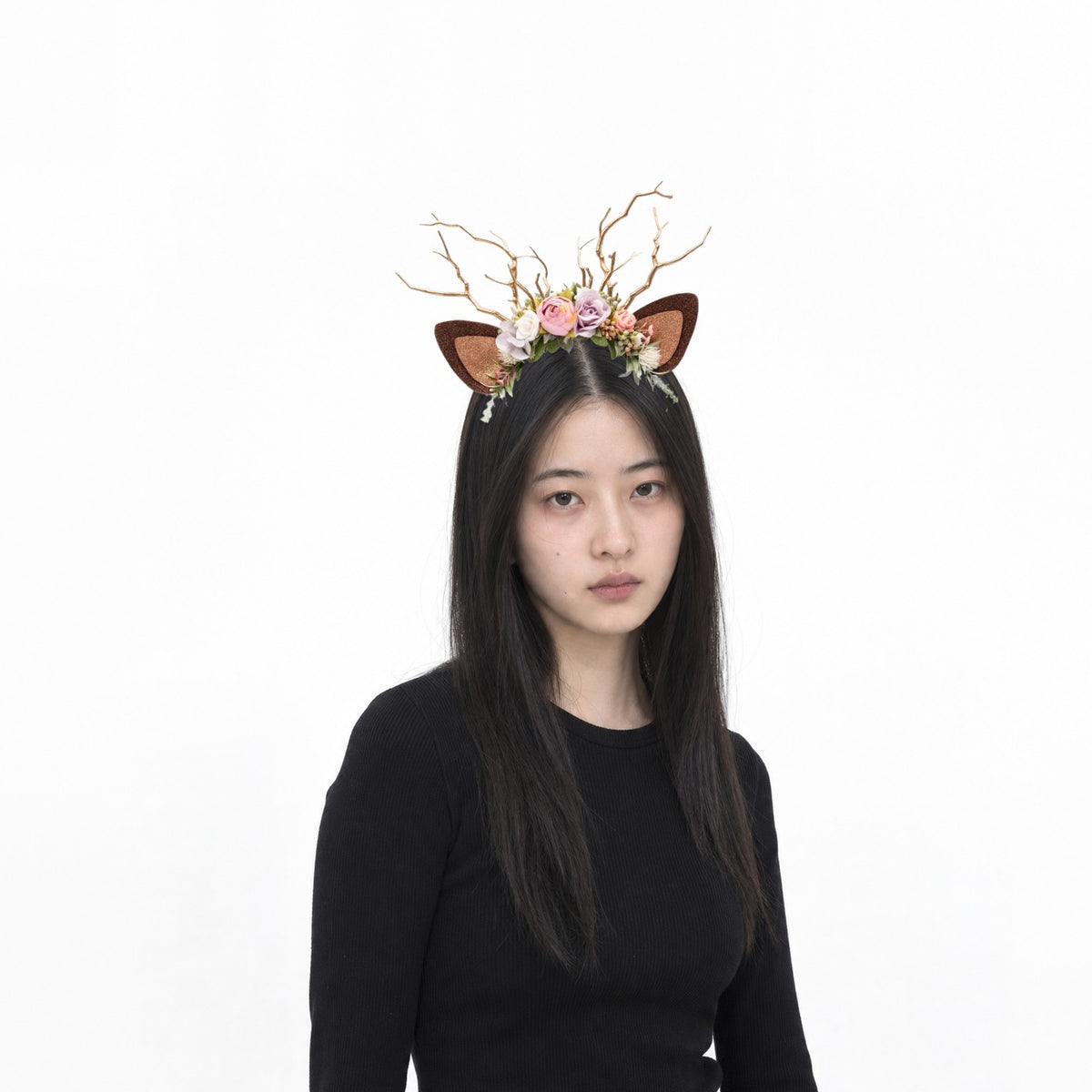 Frosted Rose Christmas Reindeer Headband, worn by a model