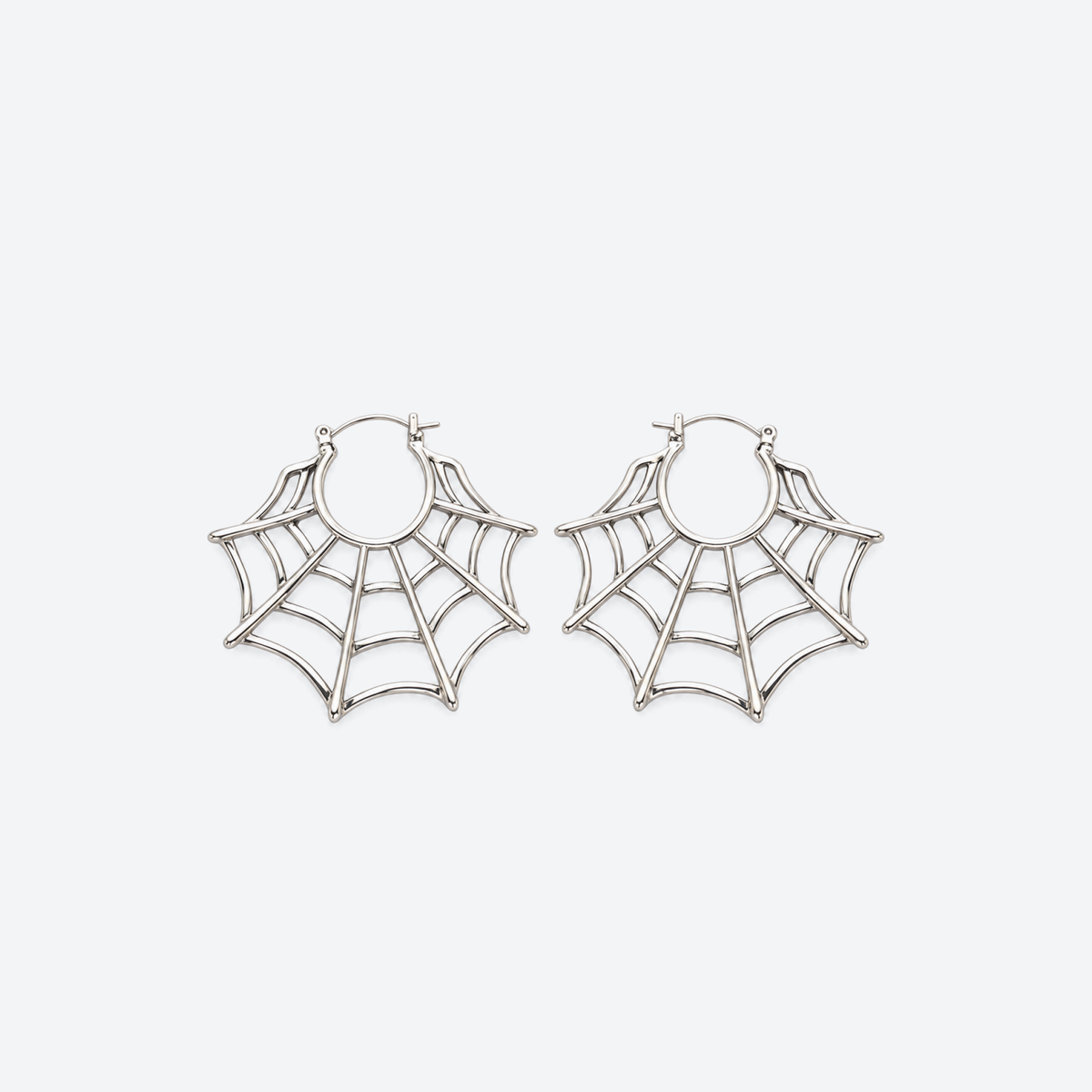 Pair of silver-tone spider web hoop earrings with scalloped half-web drops