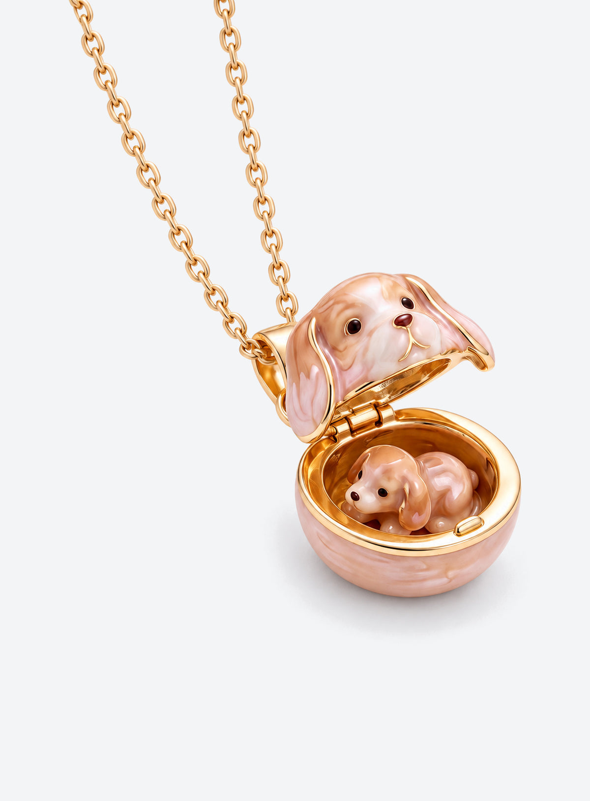 Small Animal Locket Necklace with hinged animal-face pendant and miniature animal inside (Puppy)