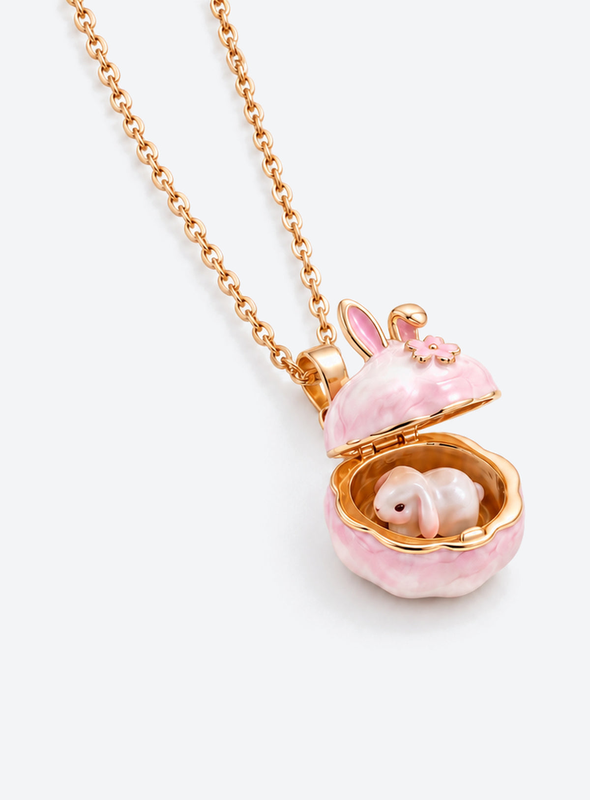 Small Animal Locket Necklace with hinged animal-face pendant and miniature animal inside (Bunny)