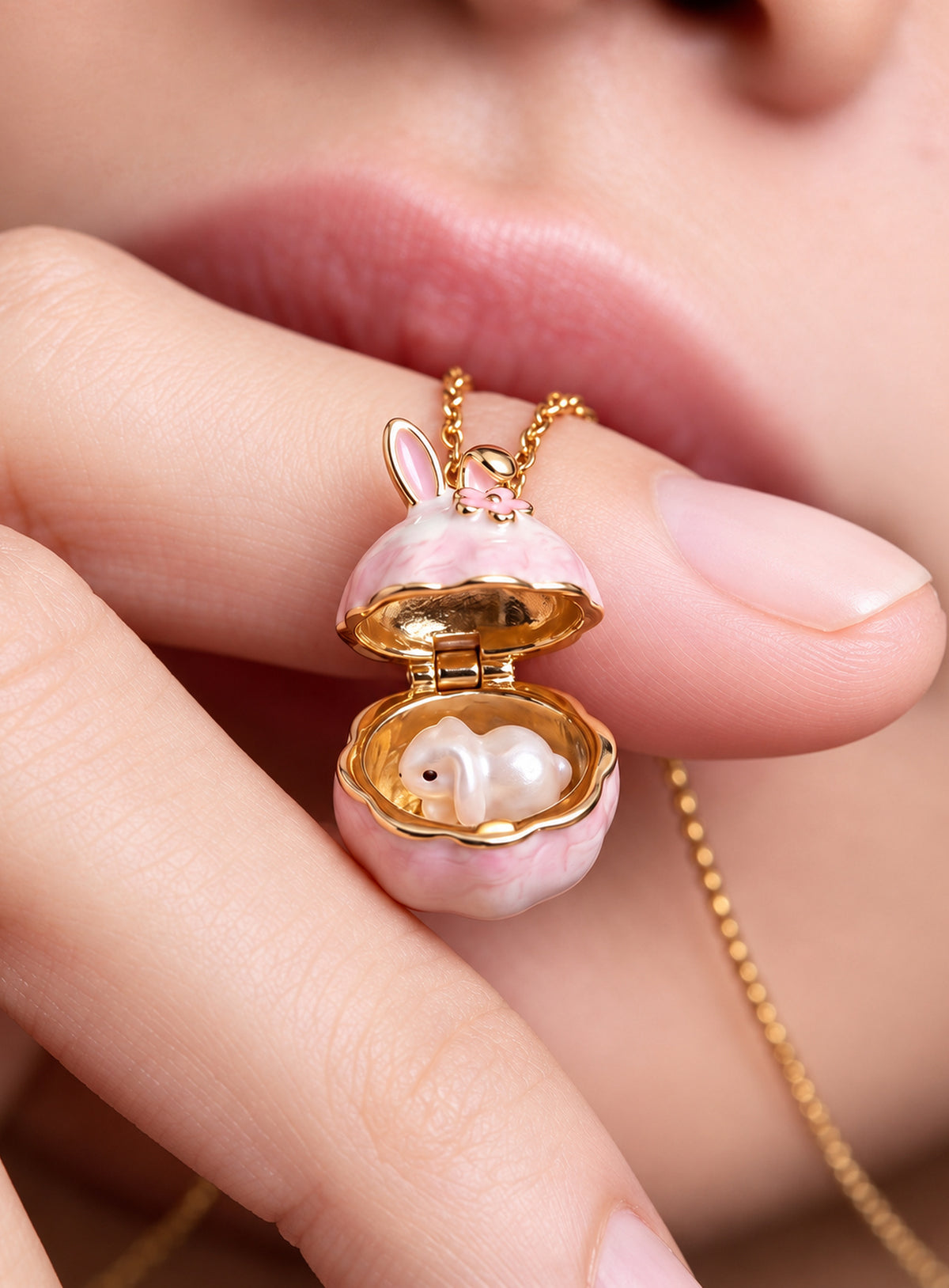 Small Animal Locket Necklace with hinged animal-face pendant and miniature animal inside (Bunny)