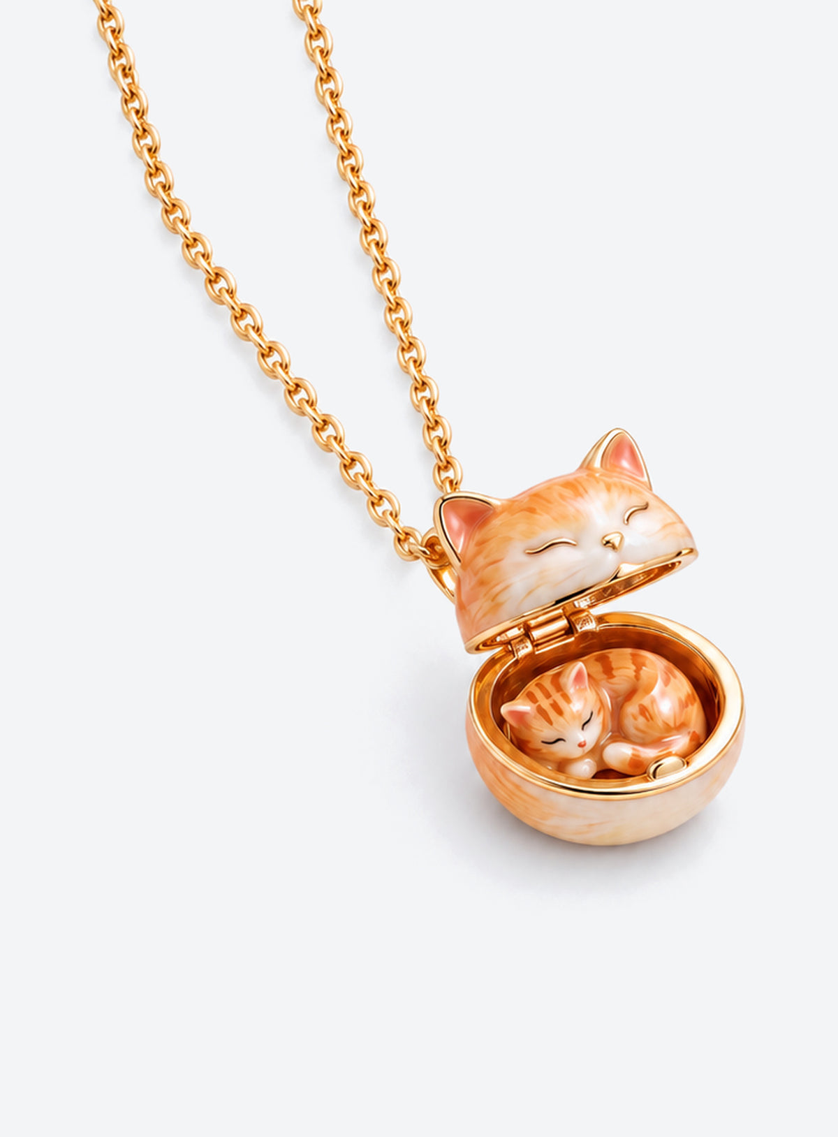 Small Animal Locket Necklace with hinged animal-face pendant and miniature animal inside (Cat)