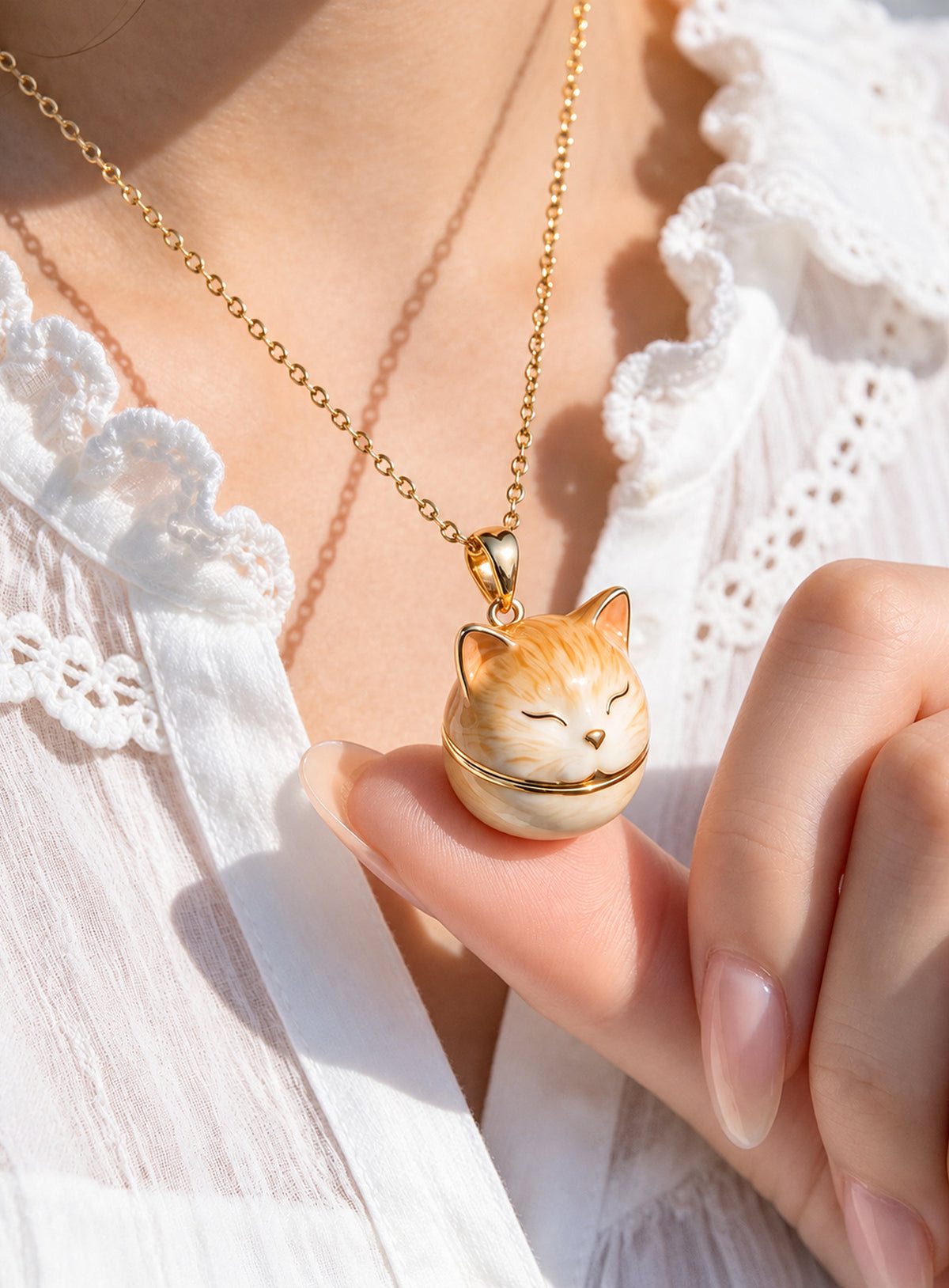 Small Animal Locket Necklace with hinged animal-face pendant and miniature animal inside (Cat)