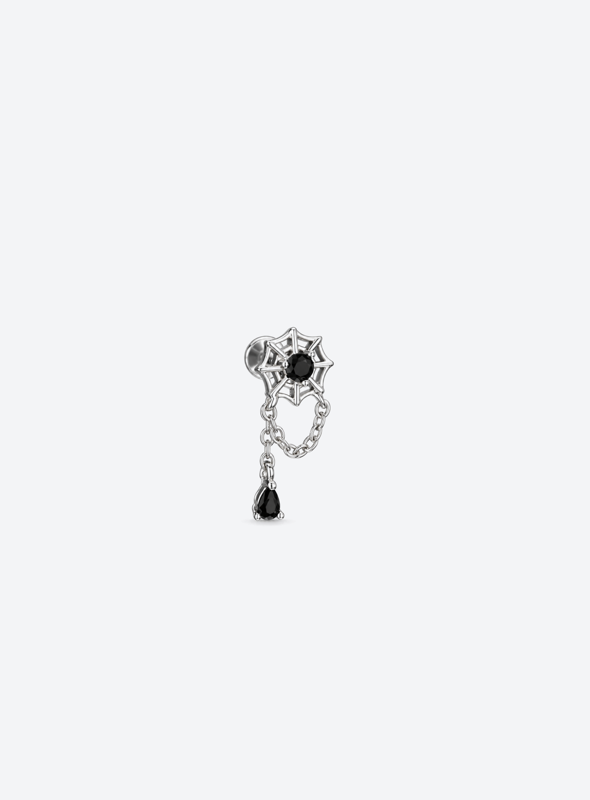 Silver-tone spider web labret stud with black center and teardrop stones and hanging chains