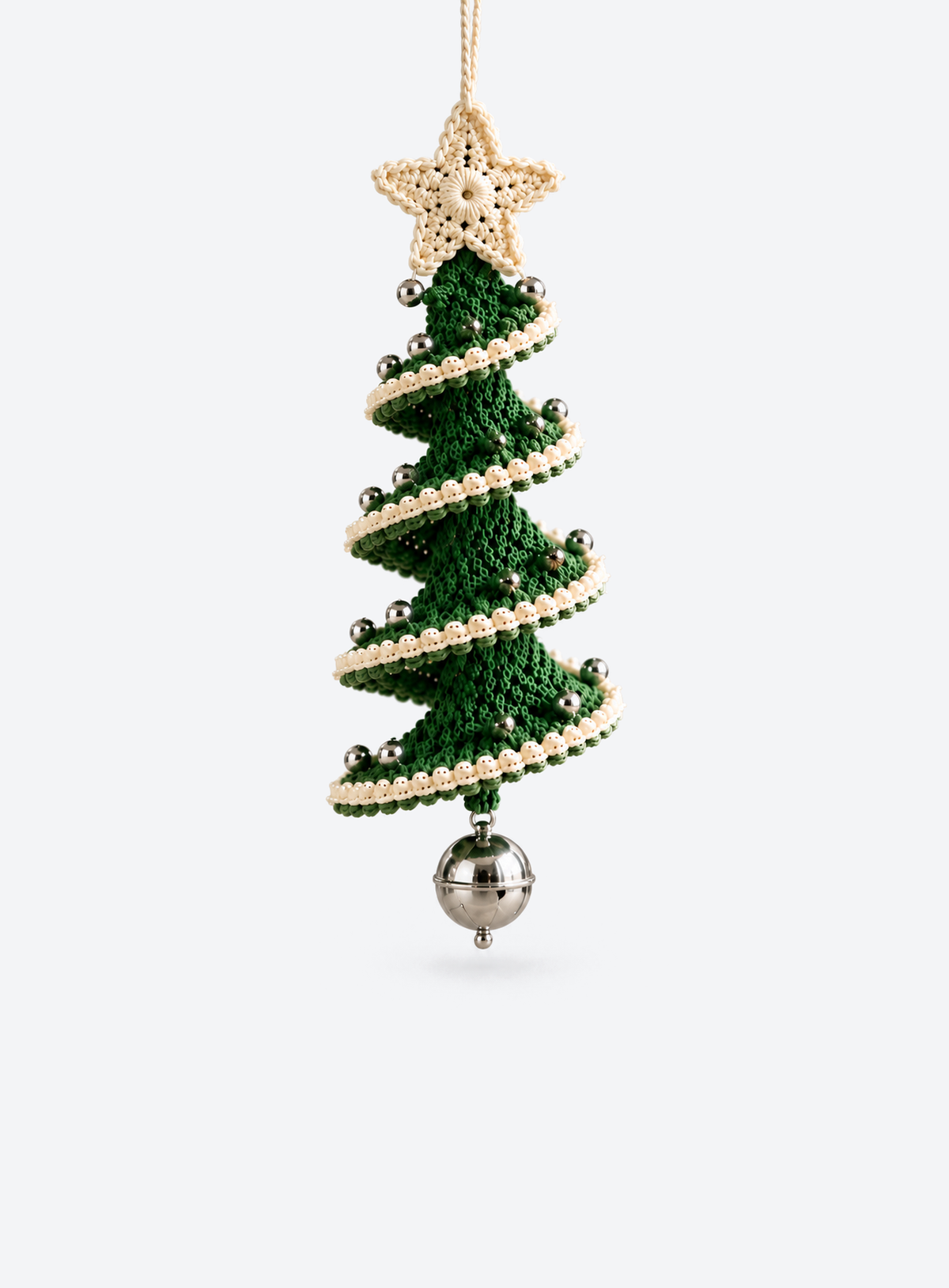 Green and cream spiral crochet Christmas tree ornament with star topper, silver-tone beads and hanging bell