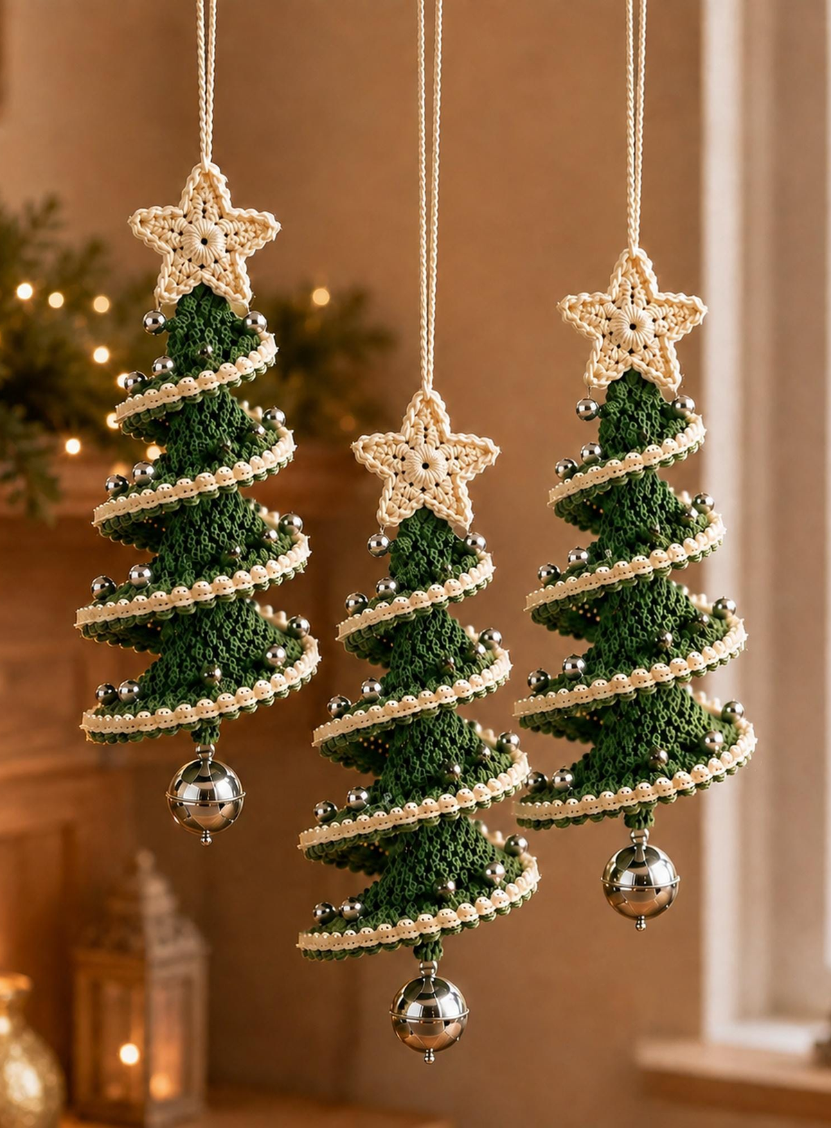 Green and cream spiral crochet Christmas tree ornament with star topper, silver-tone beads and hanging bell