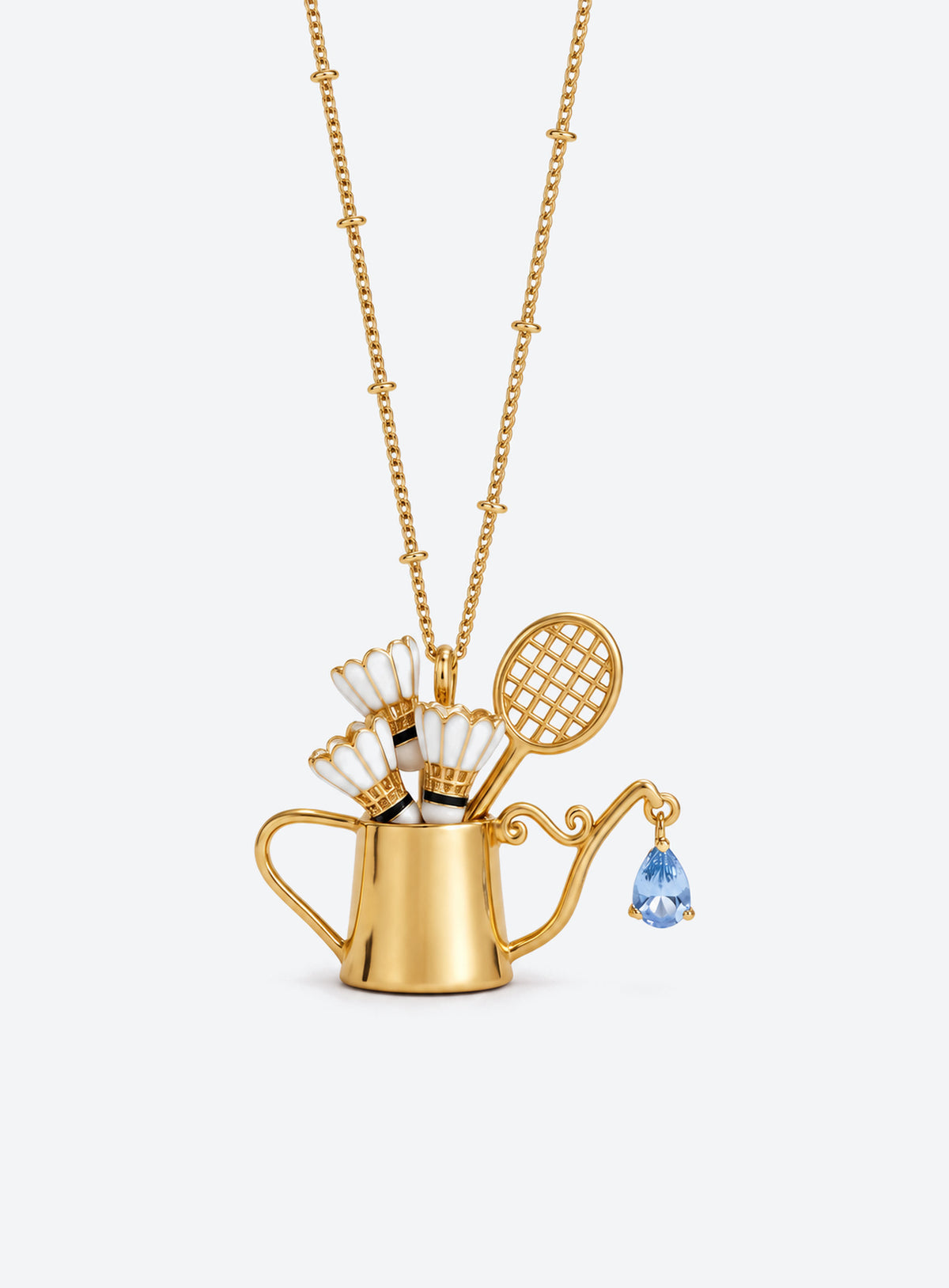 Gold-tone watering can pendants with sport and beach decorations and blue teardrop crystal details (Badminton)