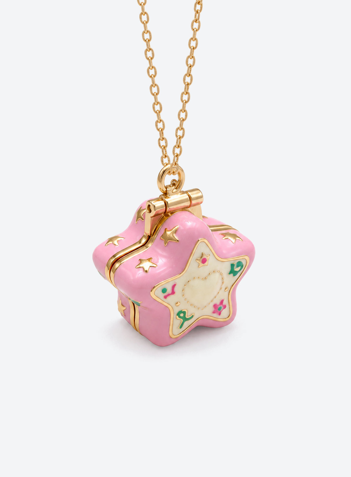 Star-shaped enamel locket necklace with a gold-tone chain and raised decorative motifs (Pink)