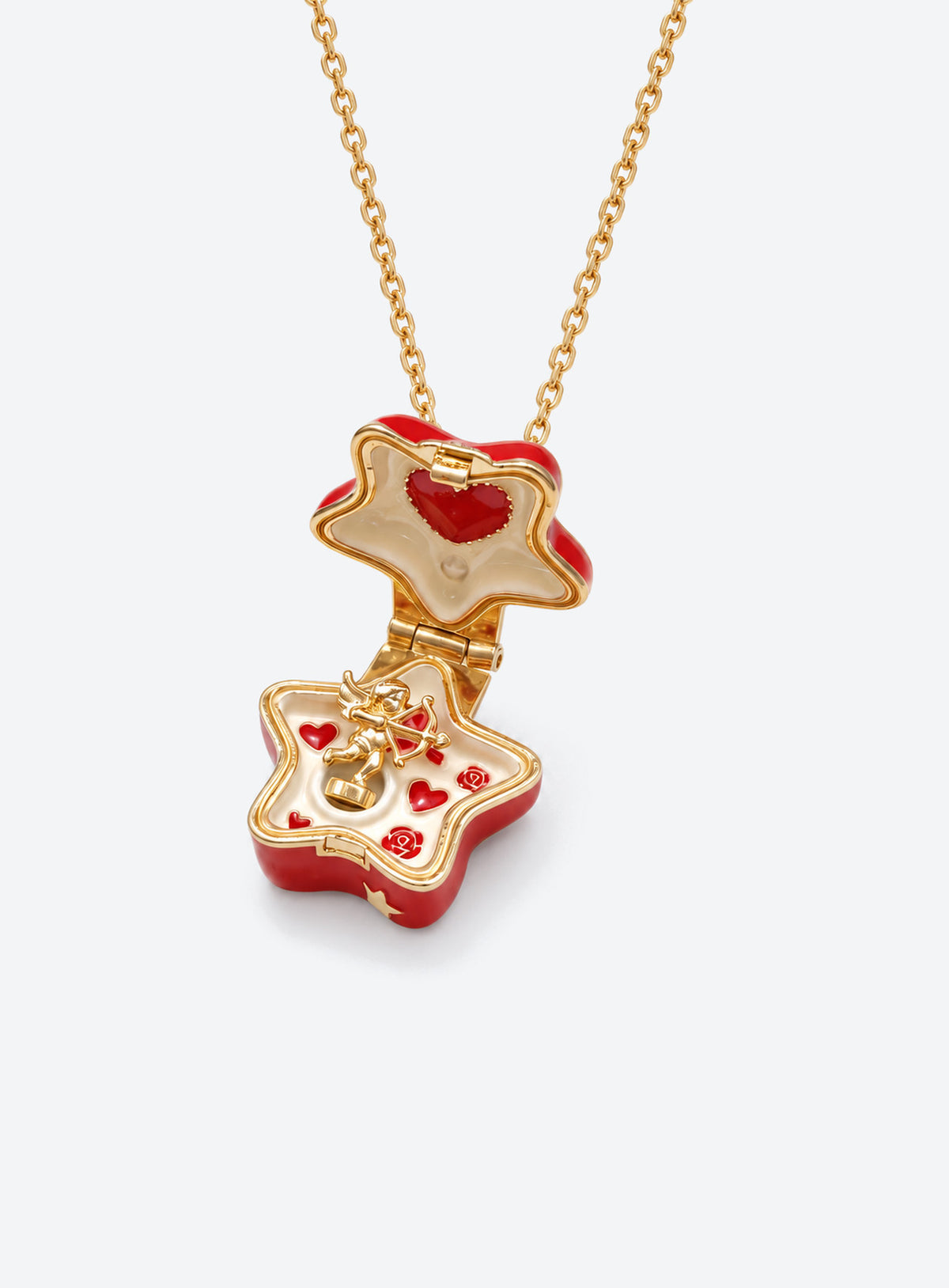 Star-shaped enamel locket necklace with a gold-tone chain and raised decorative motifs (Red)