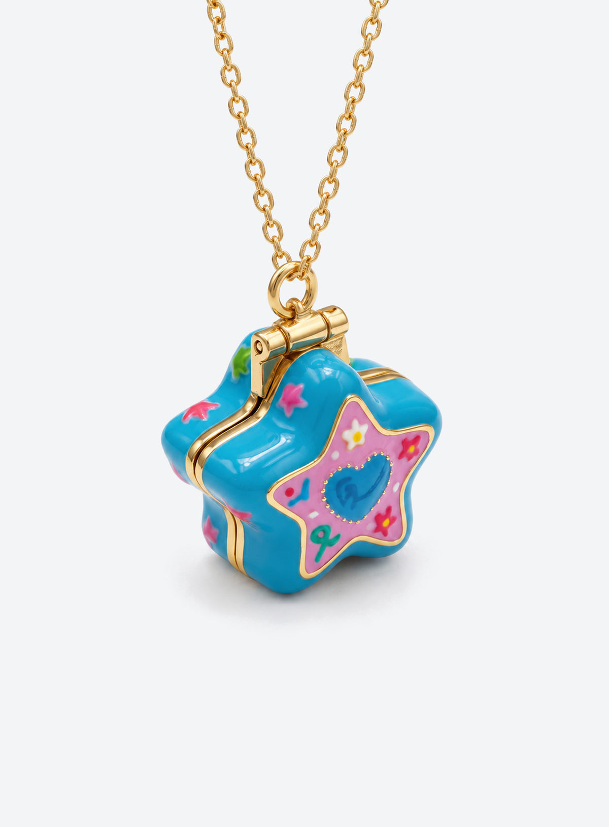 Star-shaped enamel locket necklace with a gold-tone chain and raised decorative motifs (Blue)