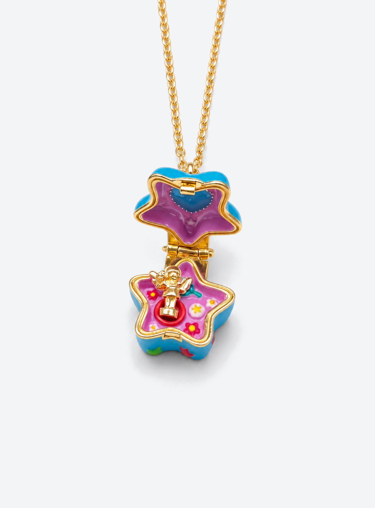 Star-shaped enamel locket necklace with a gold-tone chain and raised decorative motifs (Blue)