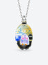 Oval clear glass pendant with a ghost, blue, white, and yellow swirls, and a silver-tone chain