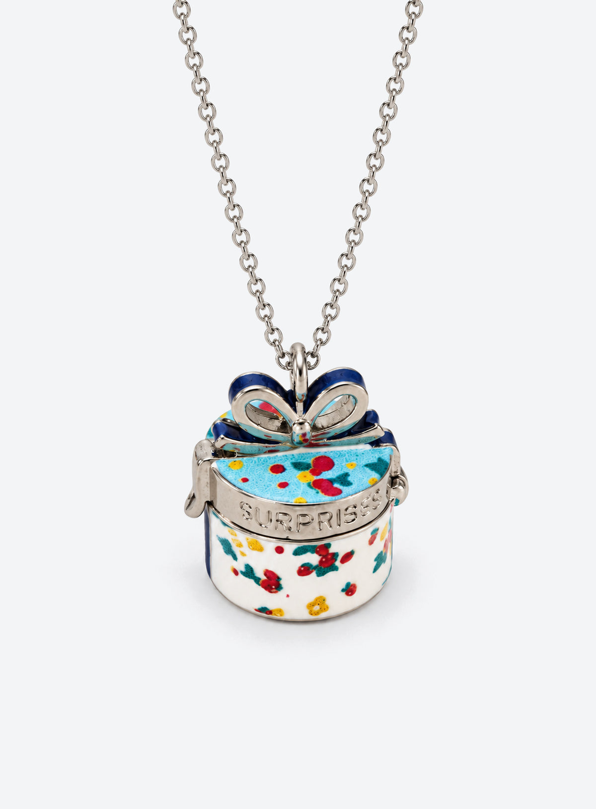 Gift box locket necklace with colorful enamel patterns and a bow detail (Blue Bow Tie)