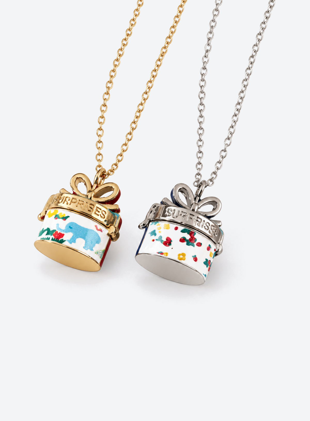 Gift box locket necklace with colorful enamel patterns and a bow detail