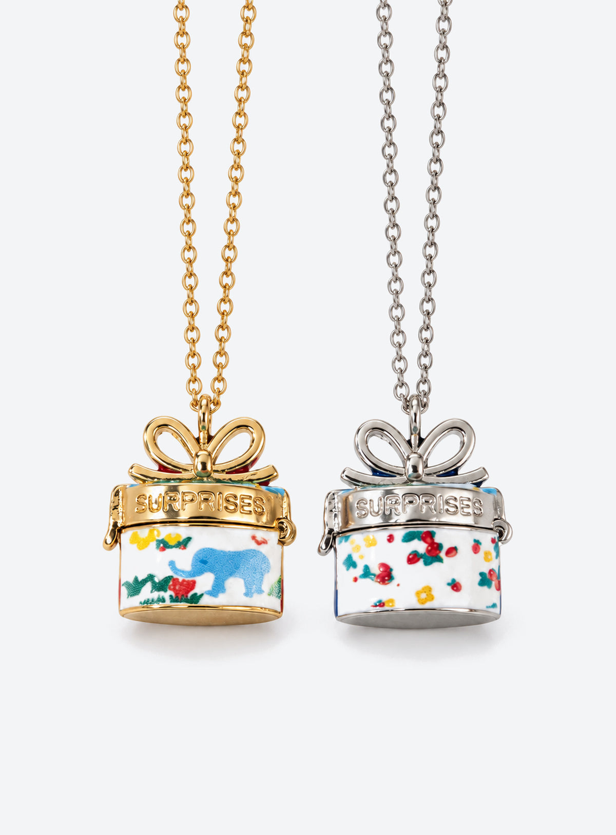 Gift box locket necklace with colorful enamel patterns and a bow detail