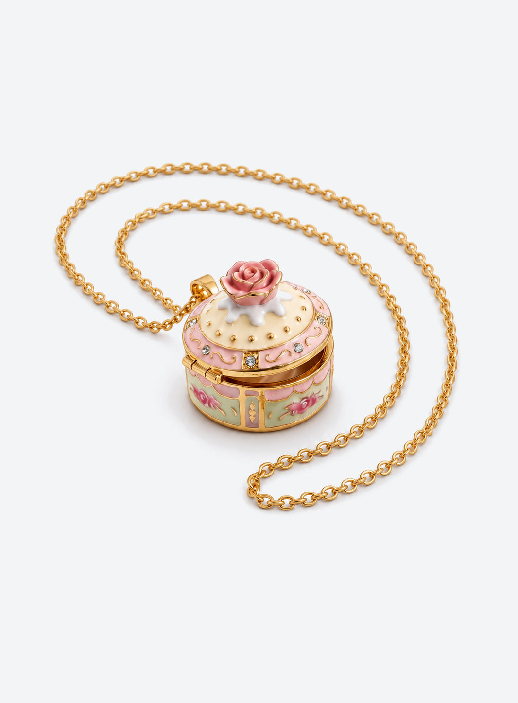 Cake-shaped locket necklace with pastel enamel decoration (Pink Rose Cake)