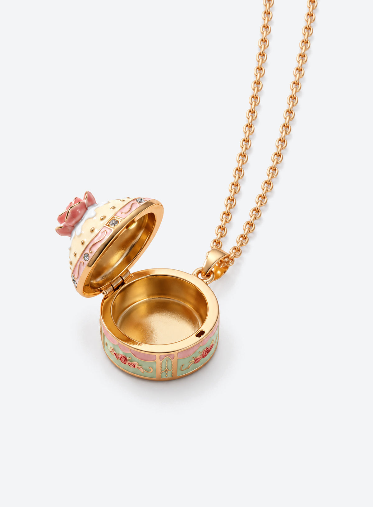 Cake-shaped locket necklace with pastel enamel decoration (Pink Rose Cake)