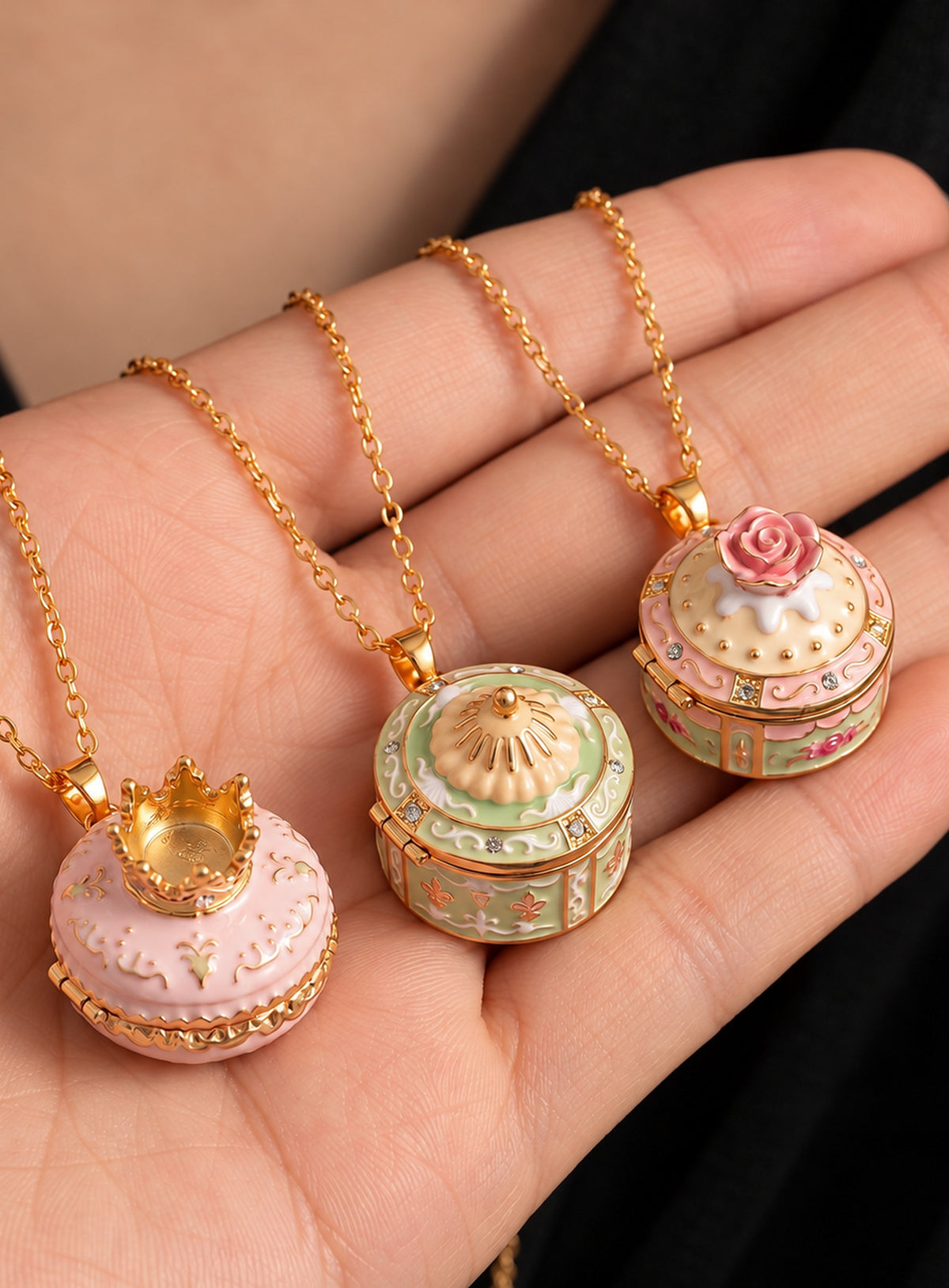Cake-shaped locket necklace with pastel enamel decoration