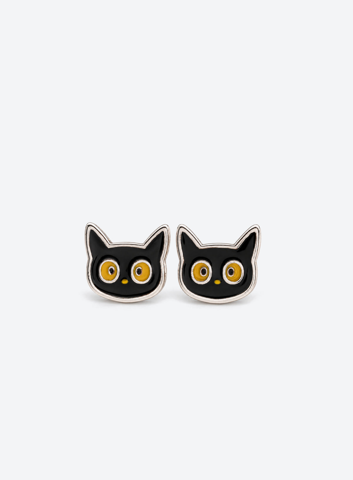 Black enamel cat stud earrings with yellow eyes and silver-tone edges