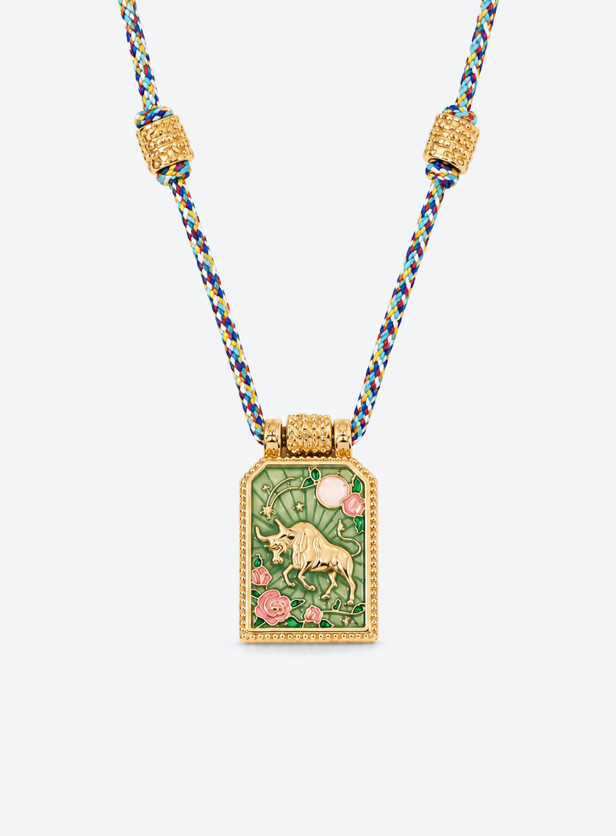 Rectangular zodiac tarot pendant necklace with colorful enamel artwork and a matching braided cord (Taurus)