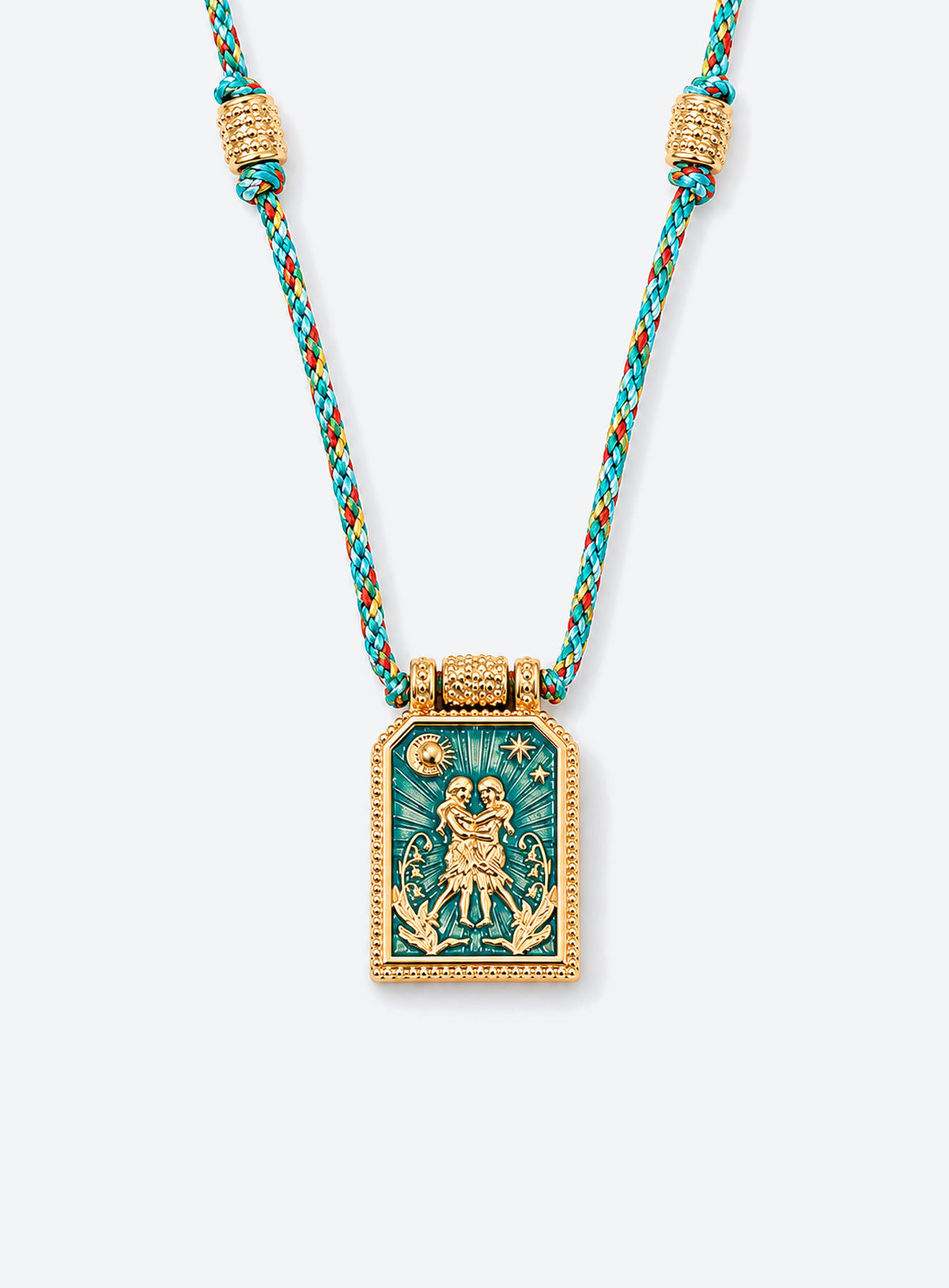 Rectangular zodiac tarot pendant necklace with colorful enamel artwork and a matching braided cord (Gemini)