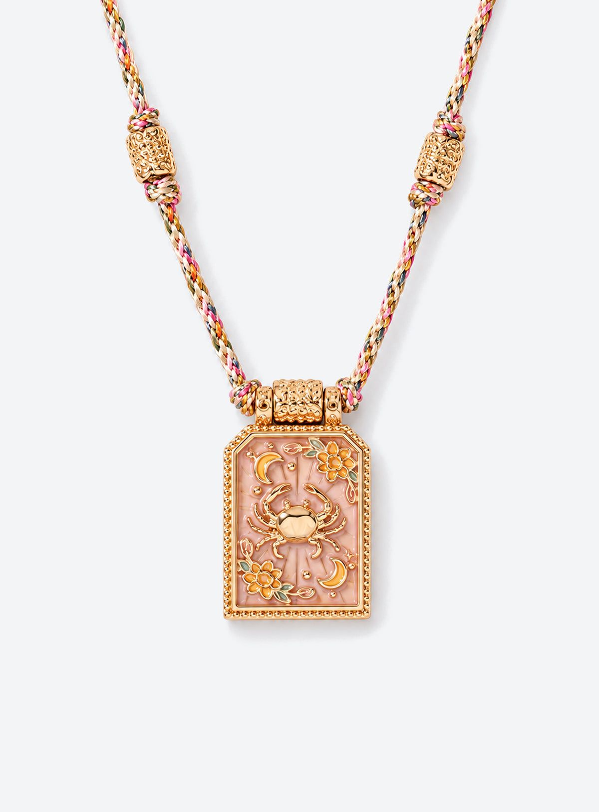 Rectangular zodiac tarot pendant necklace with colorful enamel artwork and a matching braided cord (Cancer)