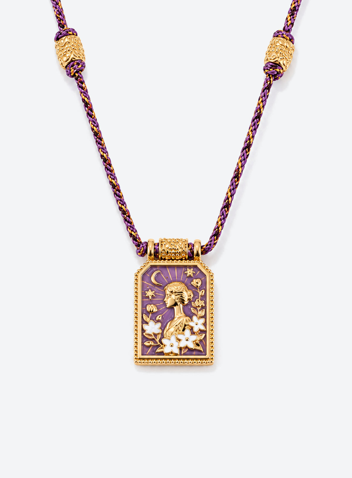 Rectangular zodiac tarot pendant necklace with colorful enamel artwork and a matching braided cord (Virgo)