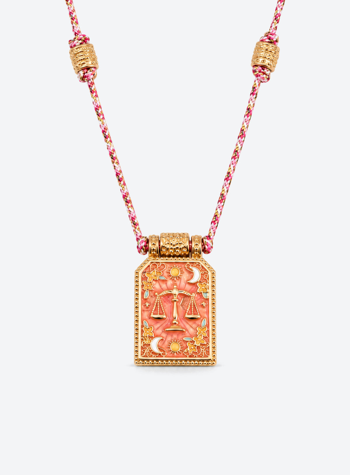 Rectangular zodiac tarot pendant necklace with colorful enamel artwork and a matching braided cord (Libra)