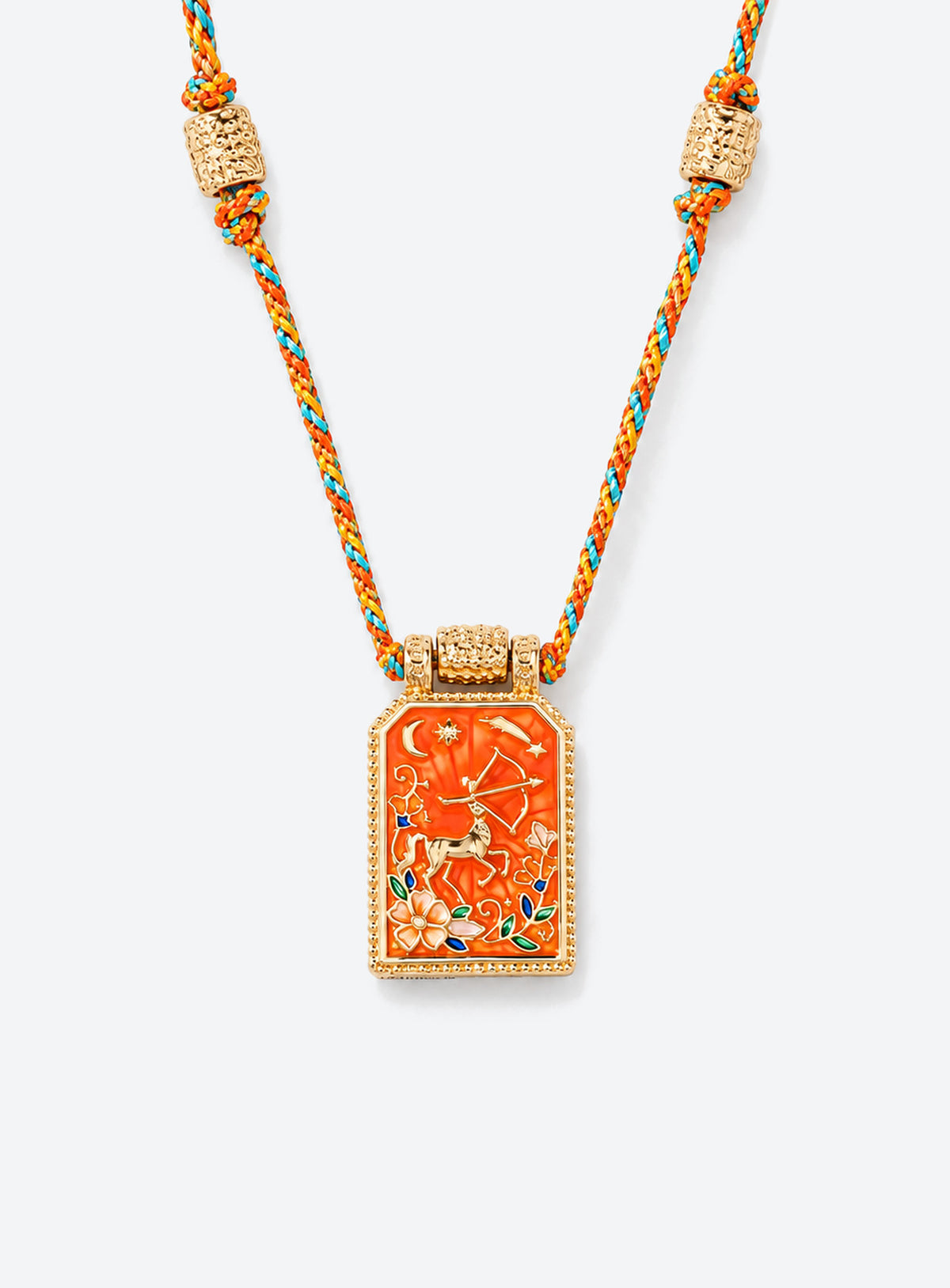 Rectangular zodiac tarot pendant necklace with colorful enamel artwork and a matching braided cord (Sagittarius)